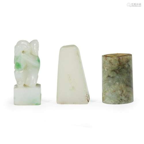 Three small Chinese jade and jadeite seals qing