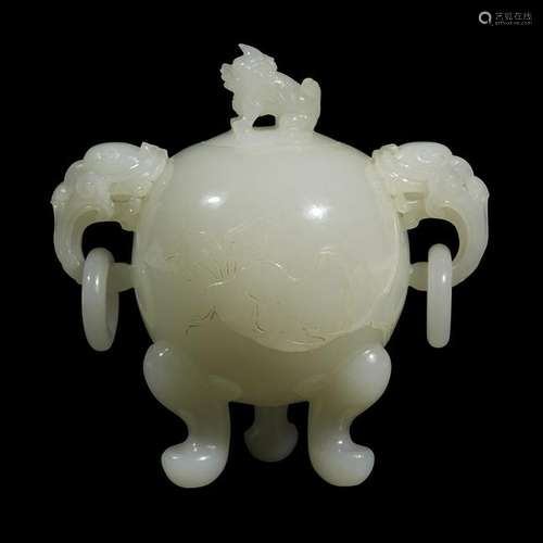 A well-carved Chinese white jade censer and cover qing