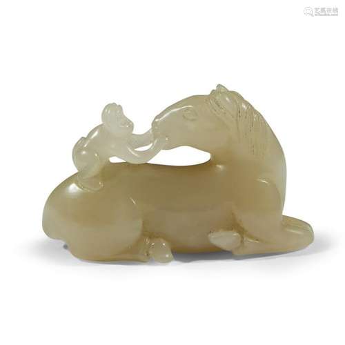 A Chinese grey-white jade horse and monkey. The monkey