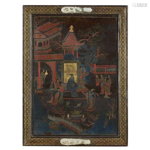 A Chinese lacquered plaque inset with two carved pale