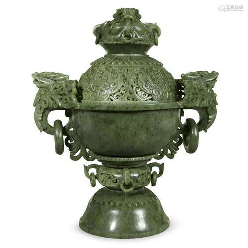 A Chinese spinach jade koro and cover. Globular, on