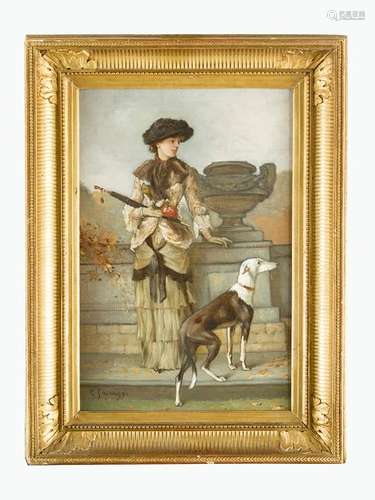 Unknown Artist, elegant lady with dog, oil on canv…