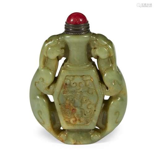 A Chinese carved celadon jade snuff bottle. In the form