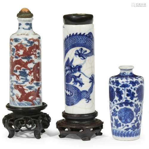 Three Chinese porcelain snuff bottles qing dynasty,