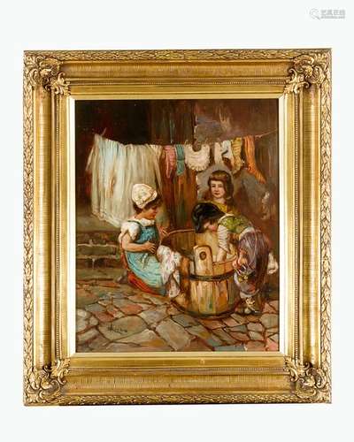 Unknown Artist around 1900, three children washing…