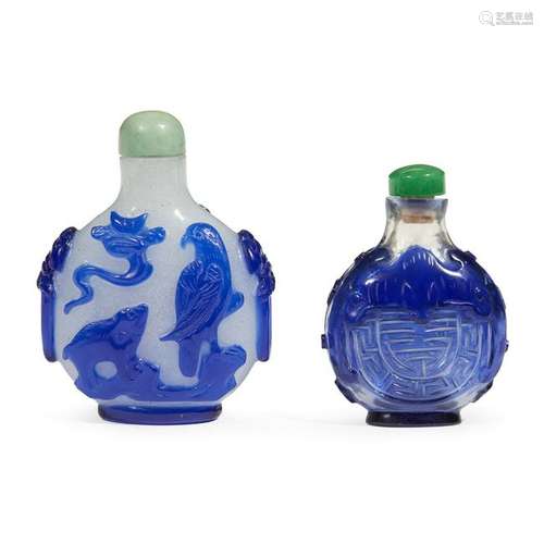 Two Chinese cobalt overlay glass snuff bottles. The