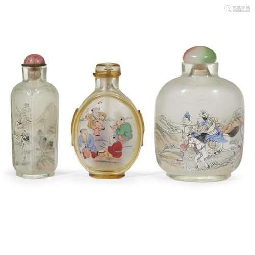 A group of three Chinese interior painted glass snuff