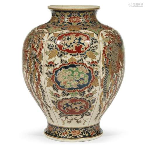 A Japanese Satsuma enameled pottery ovoid vase meiji