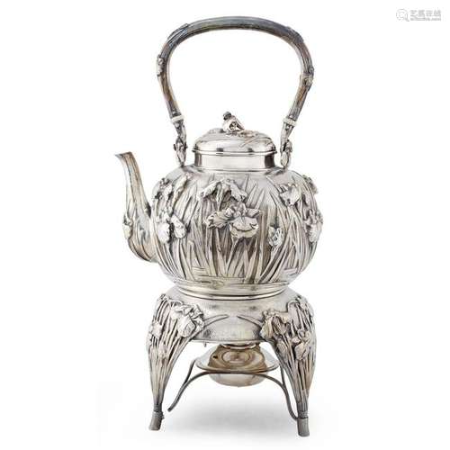 A Japanese export silver kettle on stand, Samurai