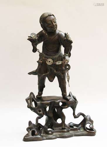 Asian Bronze Sculpture, Man with frog and luck coi…