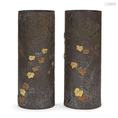 A pair of Japanese mixed-metal cylindrical vasesmeiji