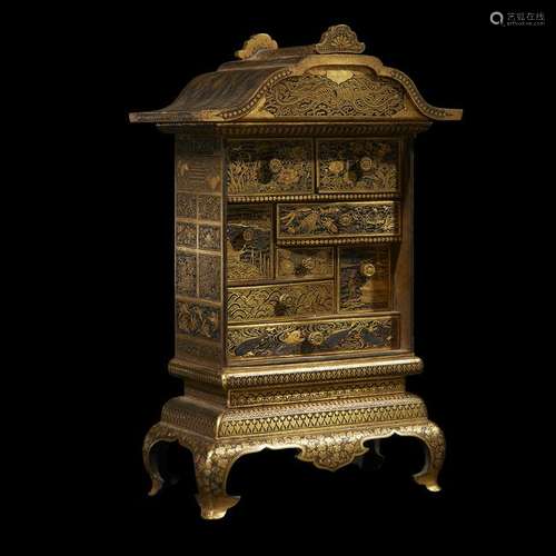 A Japanese Komai finely-inlaid iron miniature cabinet