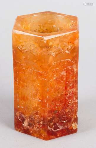 Chinese Amber Vase, hexagonal shape, on each side …