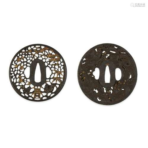 Two large Japanese pierced iron and gold-embellished