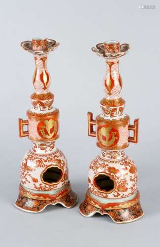 Pair of Imari Candle Sticks, porcelain, each with …