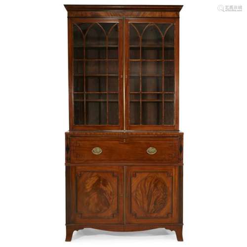 A George III ebony inlaid mahogany secretary bookcase
