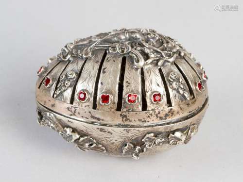 Russian silver egg. Egg shape with open work lid. …