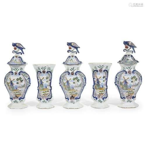 A Bloempot Delft five-piece vase garniture circa 1760.