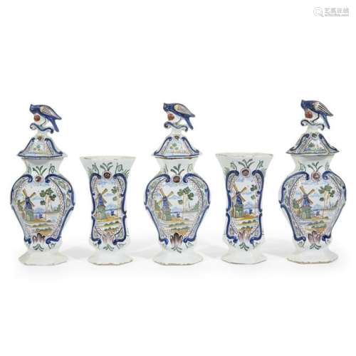 A Bloempot Delft five-piece vase garniture circa 1760.