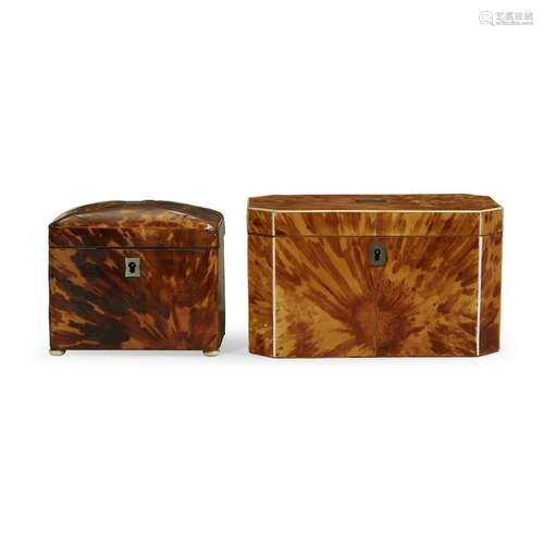 Two Regency blonde tortoiseshell tea caddies early 19th