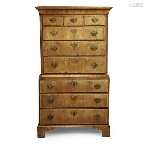 A George II figured walnut chest on chest mid 18th