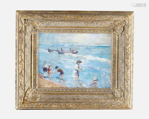 Unknown Artist children playeing by the sea oil on…