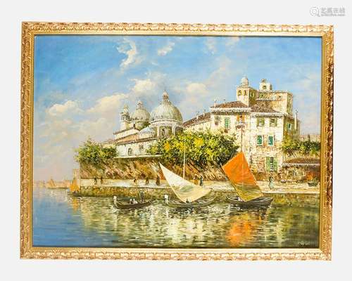 B. Agostind 20th century Venice with boats and pas…