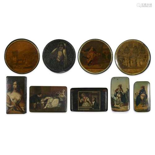 An unusual collection of nine Continental lacquer and