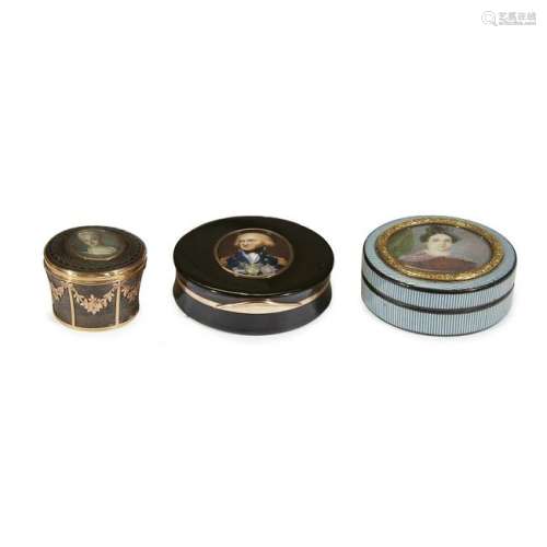 Three circular boxes mounted with portrait miniatures
