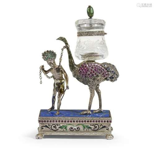 An Austrian enameled and gem-set silver exotic inkwell