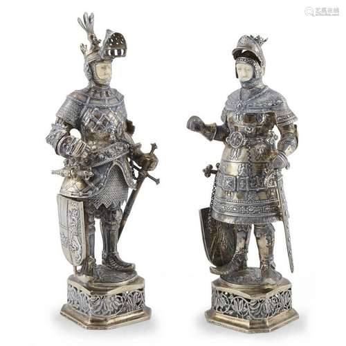 Two German silver figures of medieval knights.