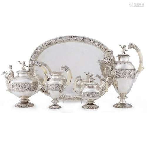 A German silver Neoclassical style five-piece tea and