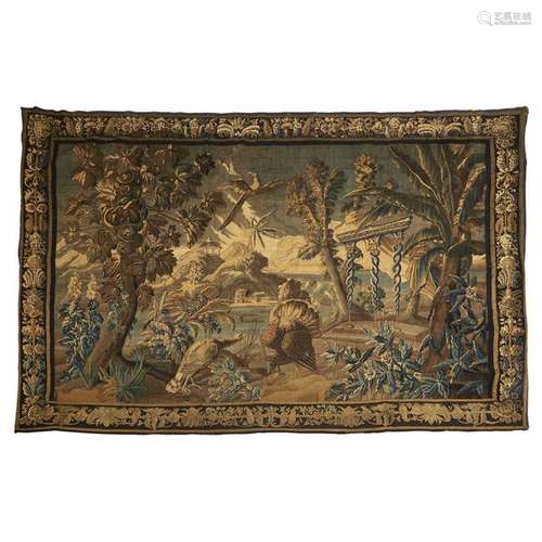 An Aubusson verdure tapestry of two turkeys and an