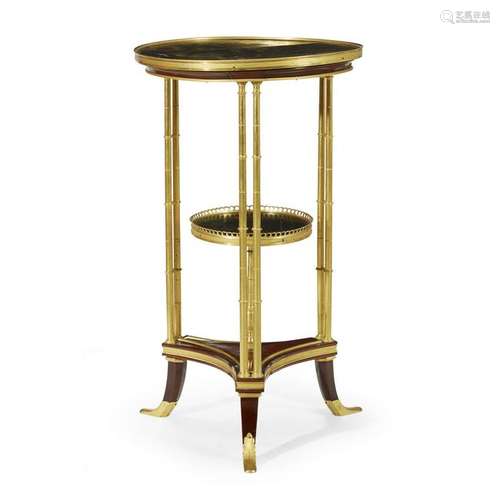 A Louis XVI style ormolu-mounted lacquer, mahogany, and