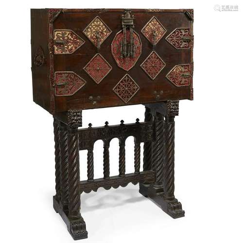 A Spanish Baroque iron-mounted and velvet-lined