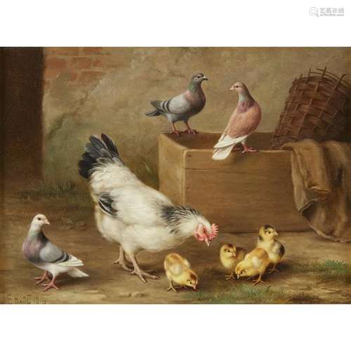 EDGAR HUNT (BRITISH 1876-1953) HEN, CHICKS AND THREE