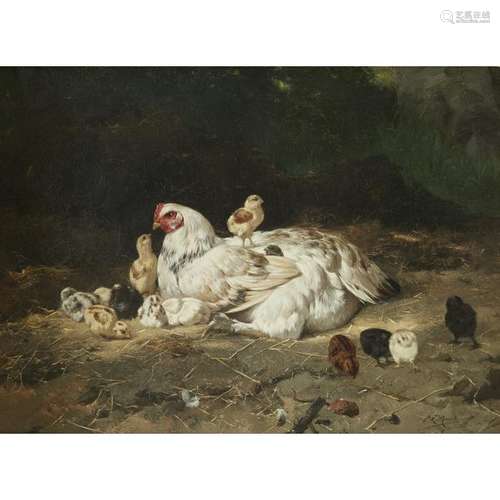 EUGENE REMY MAES (BELGIAN 1849-1931) HEN AND CHICKS