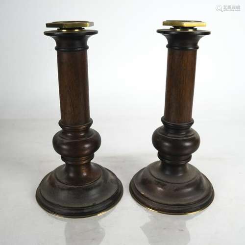 Pair Wood & Brass Candlesticks