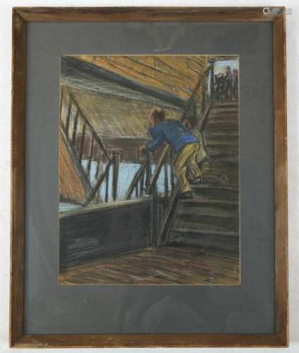 E. Powis JONES: Man on Staircase - Pastel
