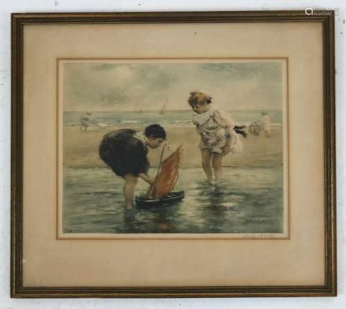 Children at Beach - Gouache, Signed Illegibly