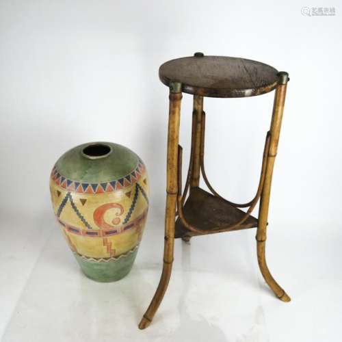 Two Items: Bamboo Stand, Native American Vessel