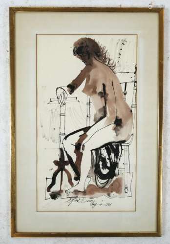 Byron BROWNE: Watercolor, Seated Nude Female