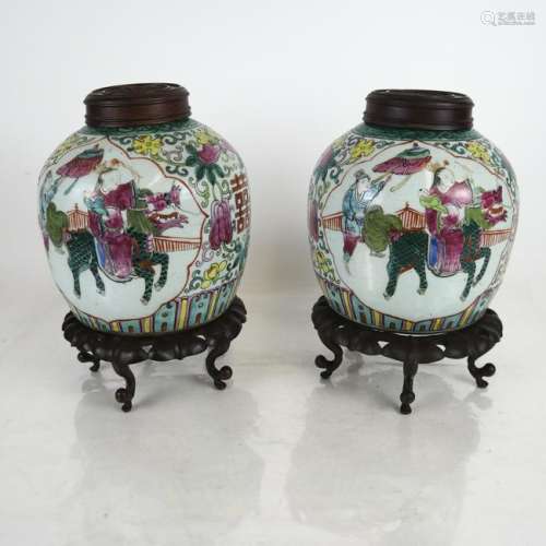 Pair of Chinese Famille Rose Porcelain Ginger Jars