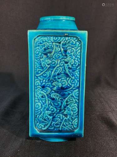Chinese Peacock Blue Square Porcelain Vase with Bats