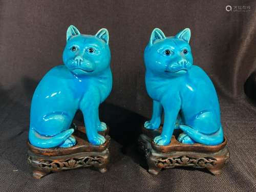 Pair Chinese Peacock Blue Porcelain Cats