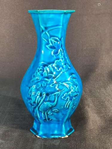 Chinese Peacock Blue Porcelain Vase - Lotus
