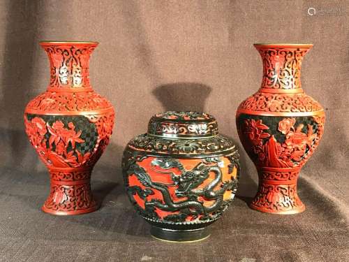 Group of Three Chinese Cinnabar Vases and Jar