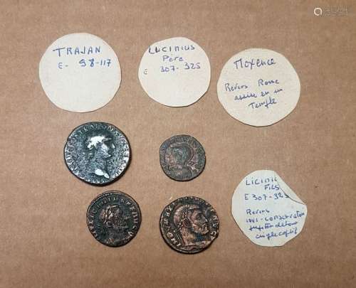 Ensemble de 4 monnaies romaines dont Maxence, Traj…