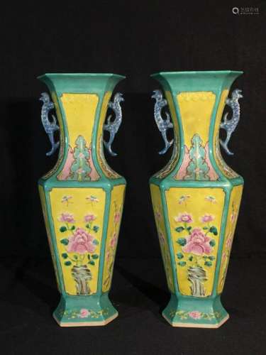 Pair Chinese Porcelain Vase - Molded Floral Motif