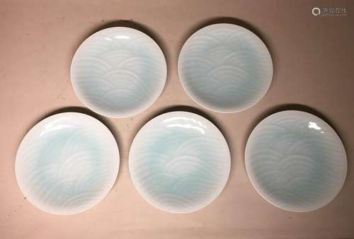 Set of Five Japanese Celadon Porcelain Dishes with Box